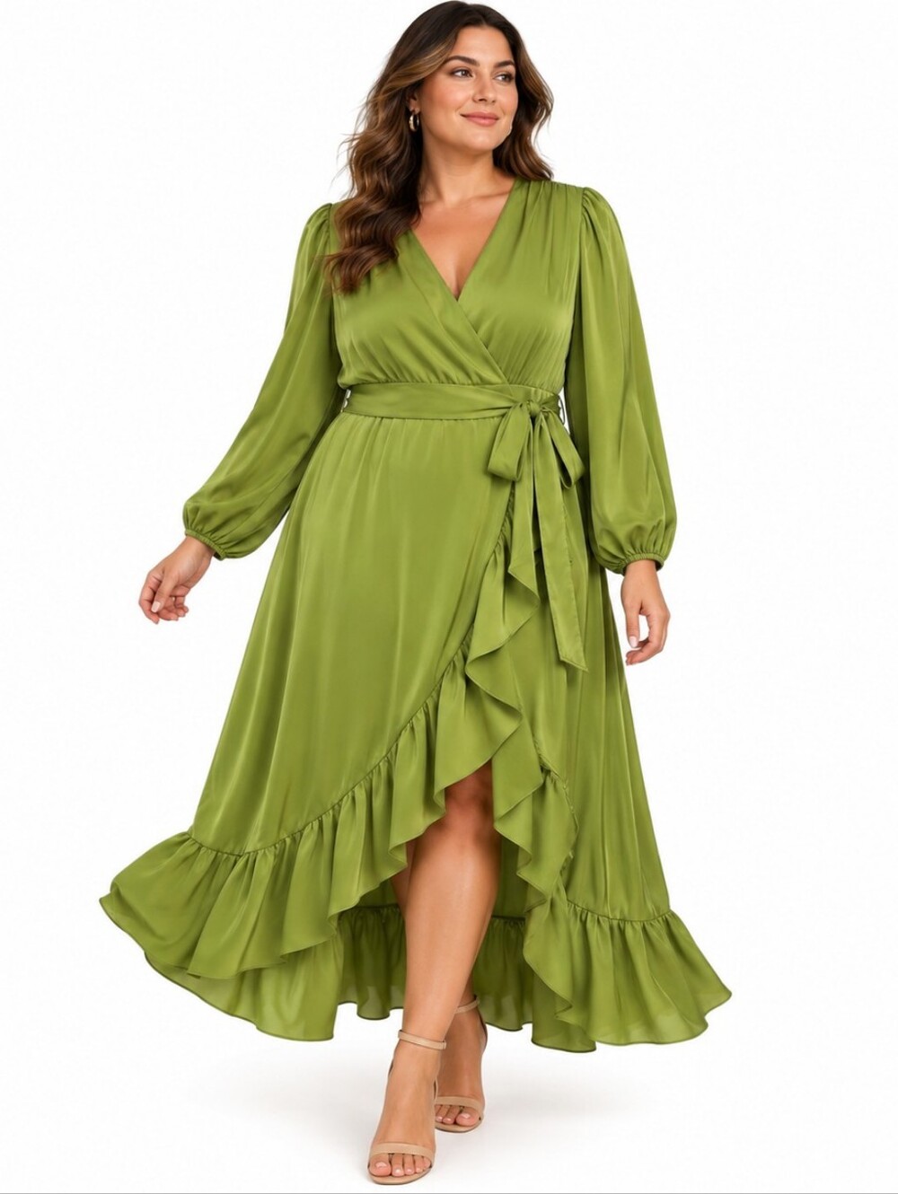 Ryegrass 1X Olive Green Satin Wrap Ruffle Midi/Maxi Dress